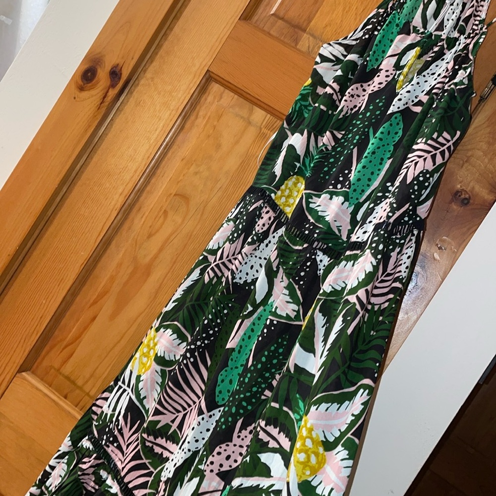 Blue Island 3 tiered maxi beach dress tropical print pineapple palm leaves XS